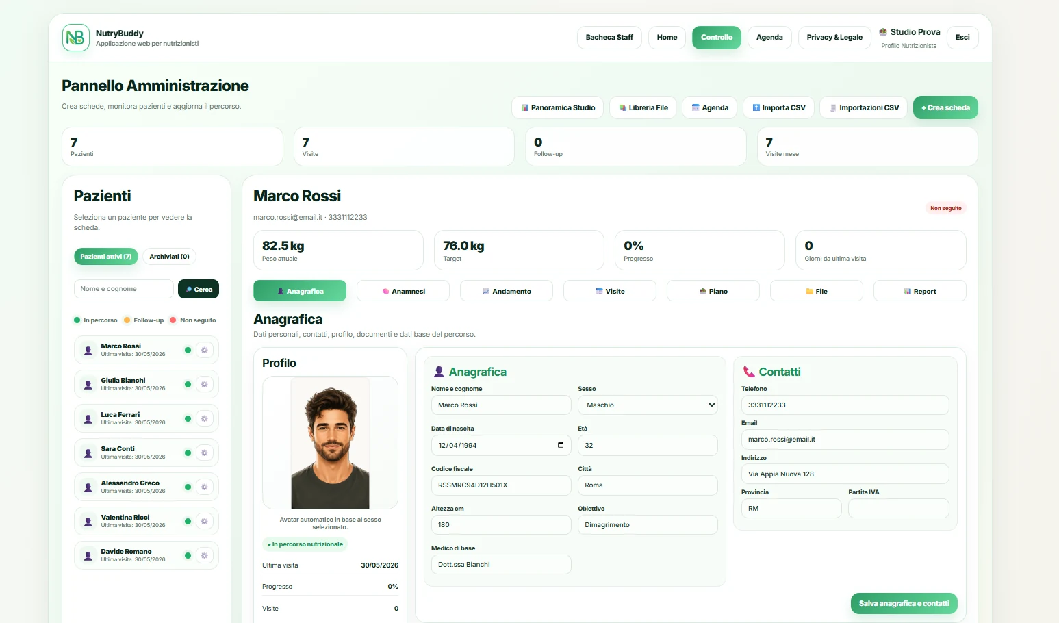 Schermata gestione paziente NutryBuddy